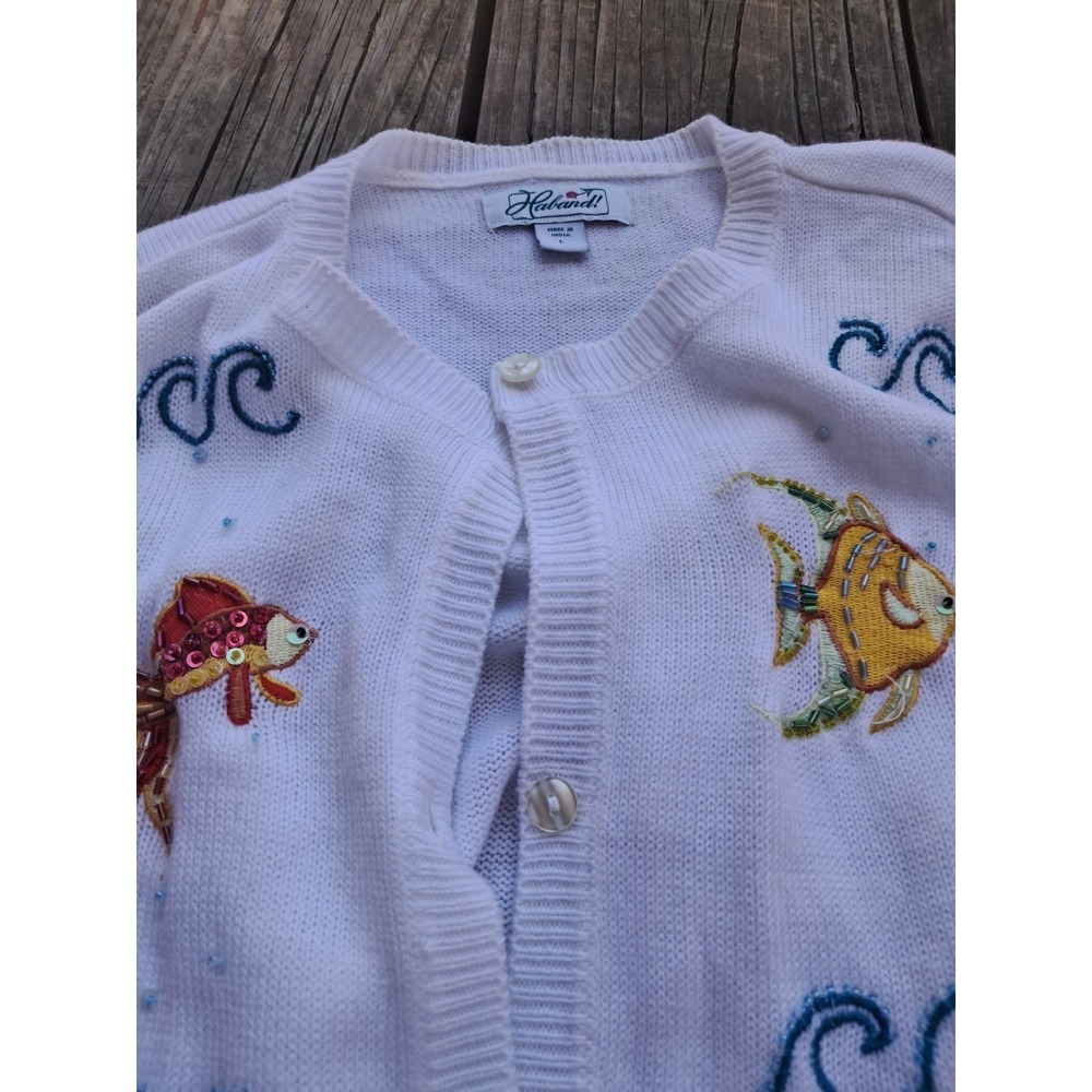 Nordstrom L White Beaded Embroidered Fish Grannycore 5c - Picture 3 of 3